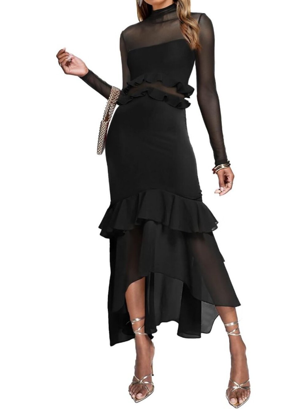 Elegant Bodycon Maxi Dress | Mock Neck Long Sleeve Ruffle Mesh | Party & Wedding